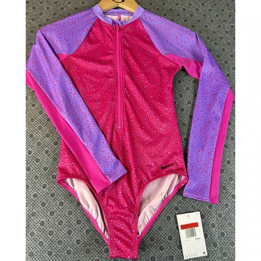 Nike Girls Long Sleeve One-Piece Swimsuit Pink Purple Water Dots Size L (14/16) - Picture 5 of 11